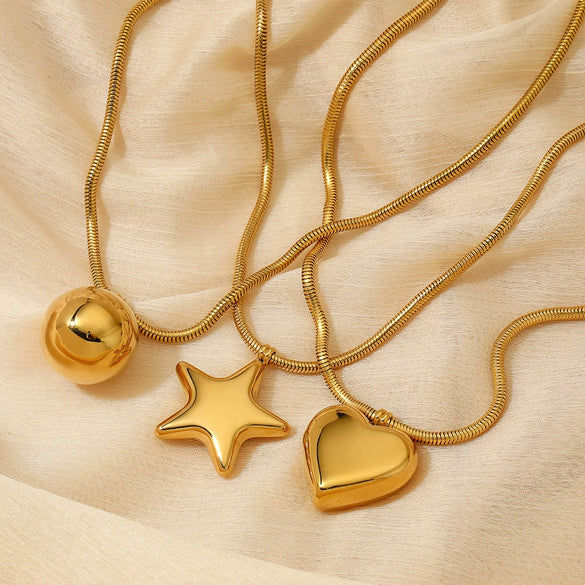 Hollow Stainless Steel Necklace With Electroplated Ball Love And Five Pointed Star Pendant On Snake Chain Heart Shaped And Geometric Pattern