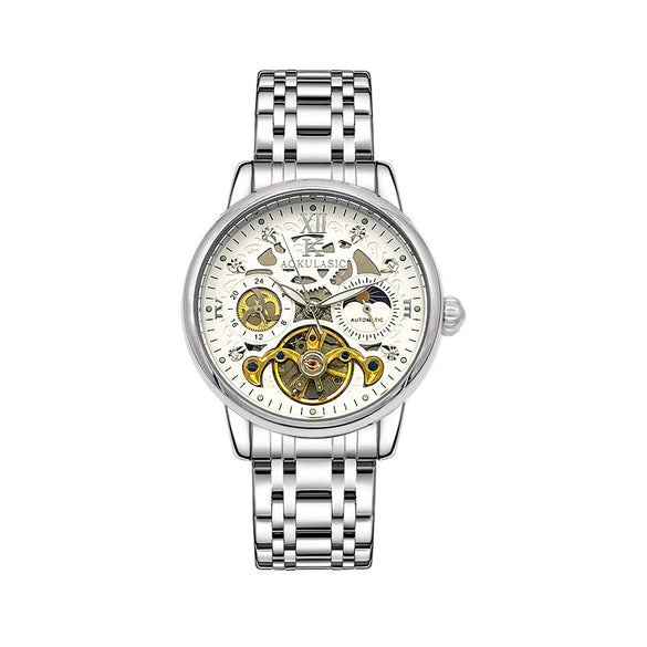 Hollowout Automatic Mechanical Men's Watch With Flywheel Waterproof Luminous Moon Phase Multifunction Fine Steel Strap Alloy Case Mineral Reinforced Glass Mirror Round Dial