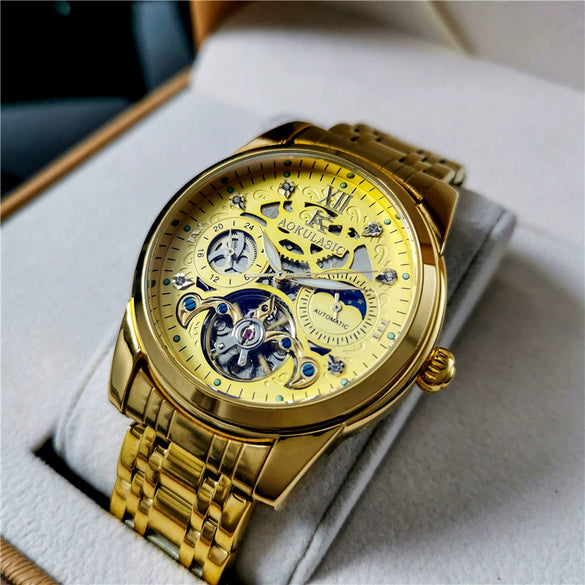 Hollowout Automatic Mechanical Men's Watch With Flywheel Waterproof Luminous Moon Phase Multifunction Fine Steel Strap Alloy Case Mineral Reinforced Glass Mirror Round Dial