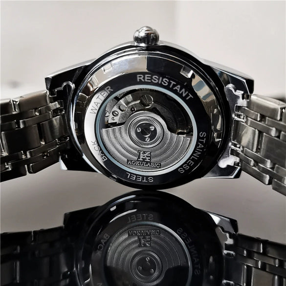 Hollowout Automatic Mechanical Men's Watch With Flywheel Waterproof Luminous Moon Phase Multifunction Fine Steel Strap Alloy Case Mineral Reinforced Glass Mirror Round Dial