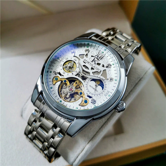 Hollowout Automatic Mechanical Men's Watch With Flywheel Waterproof Luminous Moon Phase Multifunction Fine Steel Strap Alloy Case Mineral Reinforced Glass Mirror Round Dial