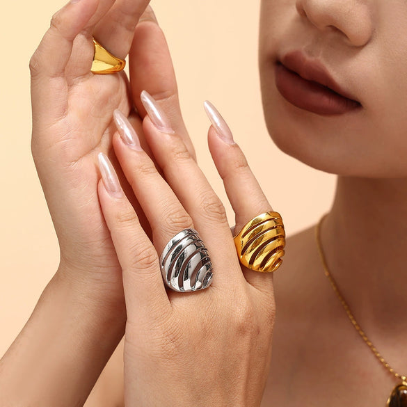 Hollowout Titanium Steel Ring With Geometric Design 18K Gold Plated For Women
