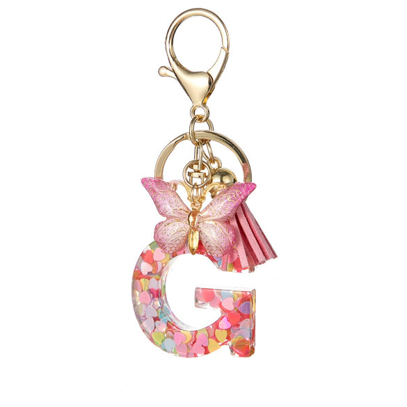 Hot Pink Sequins Resin Keychain With Butterfly Tassel And 26 Letters Jewelry Accessories For Girlfriend