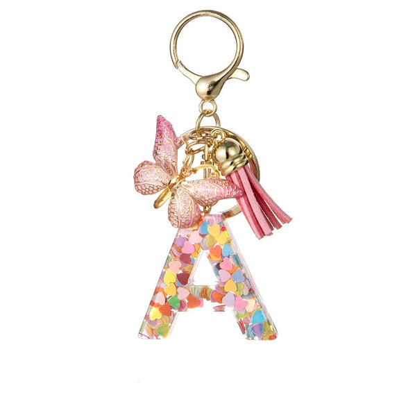 Hot Pink Sequins Resin Keychain With Butterfly Tassel And 26 Letters Jewelry Accessories For Girlfriend