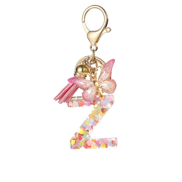Hot Pink Sequins Resin Keychain With Butterfly Tassel And 26 Letters Jewelry Accessories For Girlfriend