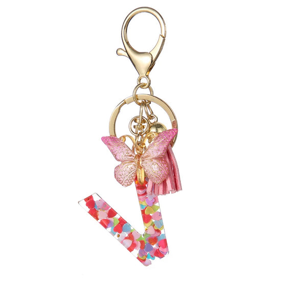 Hot Pink Sequins Resin Keychain With Butterfly Tassel And 26 Letters Jewelry Accessories For Girlfriend