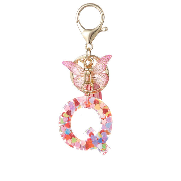 Hot Pink Sequins Resin Keychain With Butterfly Tassel And 26 Letters Jewelry Accessories For Girlfriend