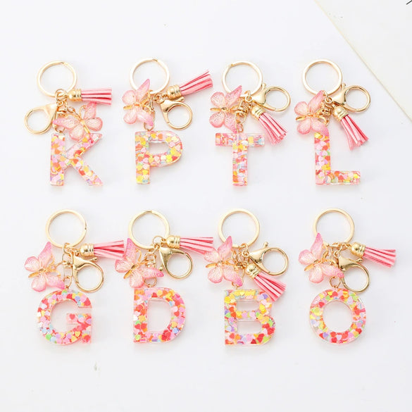 Hot Pink Sequins Resin Keychain With Butterfly Tassel And 26 Letters Jewelry Accessories For Girlfriend
