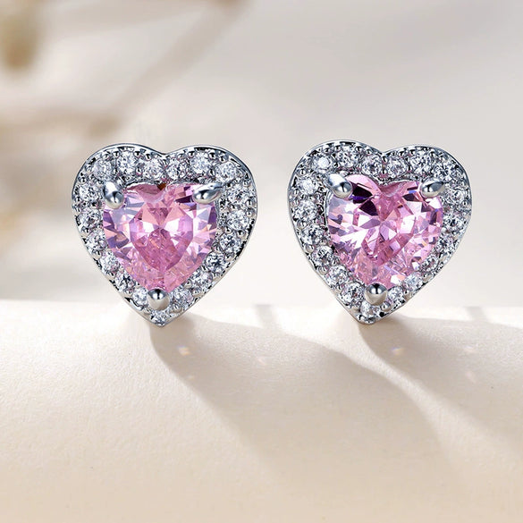 Hot Pink Zircon Heart Shaped Copper Earrings For Women In Ins Light Luxury Style