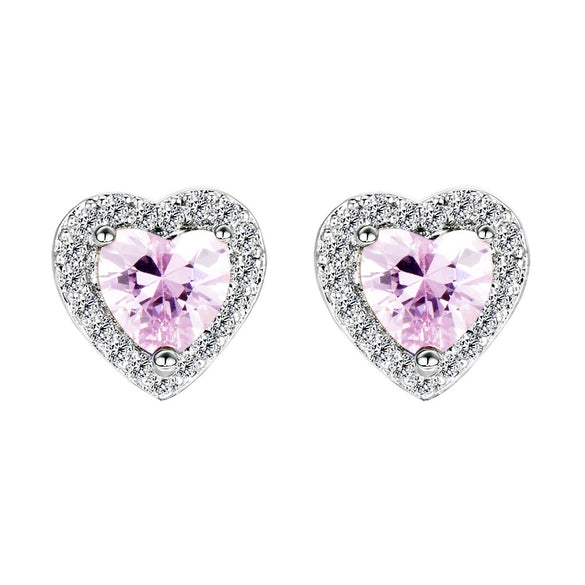 Hot Pink Zircon Heart Shaped Copper Earrings For Women In Ins Light Luxury Style