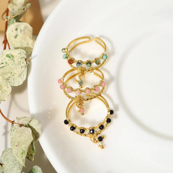 Ig Style Elegant French Style Pentagram Circle Round Stainless Steel Titanium Steel Plating Inlay Natural Stone 18k Gold Plated Open Rings