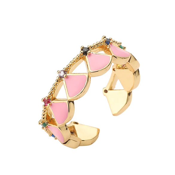 Ig Style Fairy Style Sweet Sector Scallop Copper Enamel Plating Inlay Zircon 18k Gold Plated Open Rings