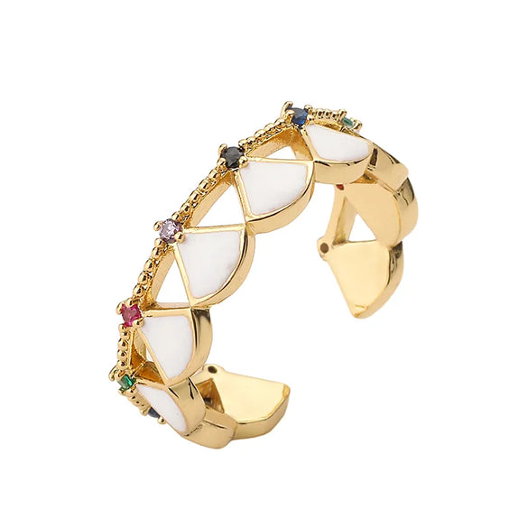 Ig Style Fairy Style Sweet Sector Scallop Copper Enamel Plating Inlay Zircon 18k Gold Plated Open Rings