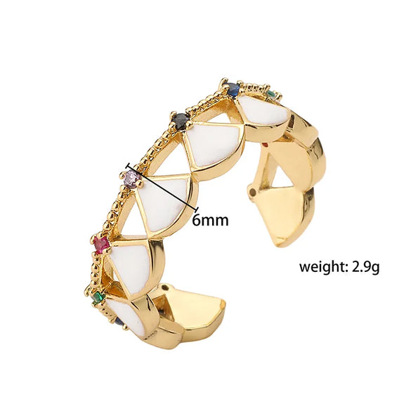 Ig Style Fairy Style Sweet Sector Scallop Copper Enamel Plating Inlay Zircon 18k Gold Plated Open Rings