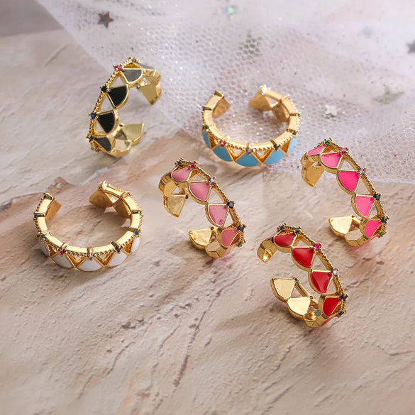Ig Style Fairy Style Sweet Sector Scallop Copper Enamel Plating Inlay Zircon 18k Gold Plated Open Rings