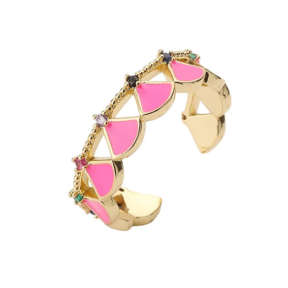 Ig Style Fairy Style Sweet Sector Scallop Copper Enamel Plating Inlay Zircon 18k Gold Plated Open Rings