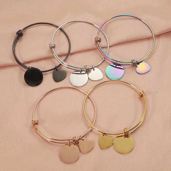 IG Style Korean Style Customization Laser Engraving Heart Shape 304 Stainless Steel 18K Gold Plated Rose Gold Plated Bangle In Bulk