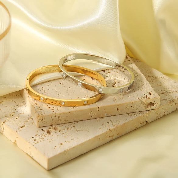 Ig Style Simple Style Square Stainless Steel Plating Inlay Zircon 18k Gold Plated White Gold Plated Bangle
