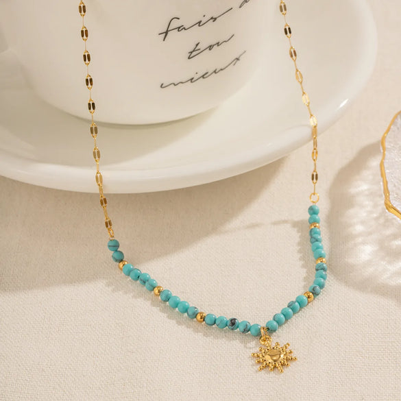 Ig Style Simple Style Sun Stainless Steel Turquoise Titanium Steel Beaded Plating 18k Gold Plated Pendant Necklace