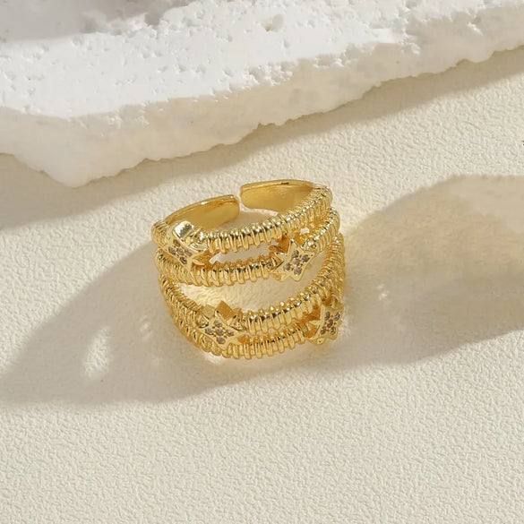 Ig Style Star Copper Asymmetrical Plating Inlay Zircon 14k Gold Plated Open Rings