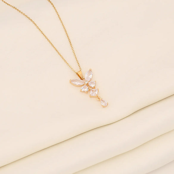 Wholesale IG Style Wedding Romantic Butterfly Stainless Steel Copper Plating Inlay 18K Gold Plated Glass Pendant Necklace