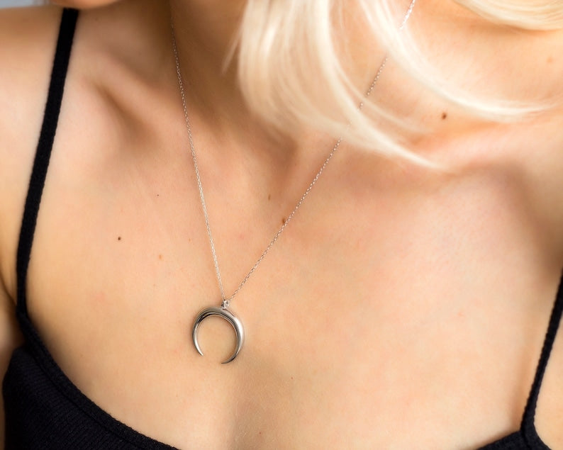 Crescent Moon Necklace, Tusk Necklace, Upside Down Moon Necklace, Christmas Gift, Half Moon Necklace, Mother's Day Gift, Crescent Moon