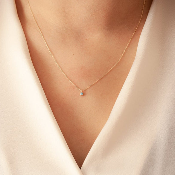 14k 18k Solid Gold Birthstone Bezel Necklace, Dainty Solitaire Birthstone Gold Necklace, Delicate CZ Birthstone Gold Necklace gift for Her.