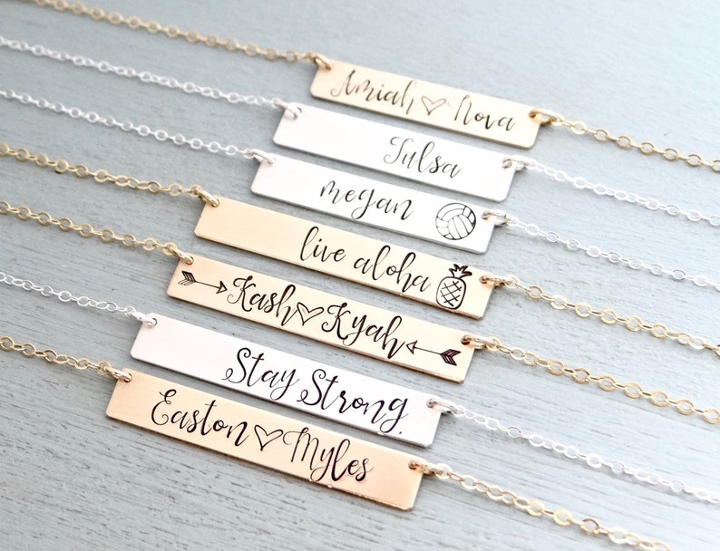 Personalized Bar Necklace. Calligraphy Font Hand Stamped Custom Name Bar Necklace. Mother's Bar Necklace. Hand Lettering. Gift For Mom Her