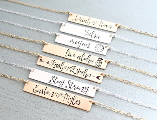 Personalized Bar Necklace. Calligraphy Font Hand Stamped Custom Name Bar Necklace. Mother's Bar Necklace. Hand Lettering. Gift For Mom Her