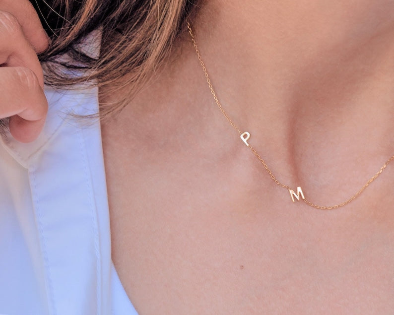 Sideways Necklace - Gold Initials - Christmas Gift - Gifts for Mom - Minimalist Look - Gold Necklace - Bridesmaids Gift - Letter Necklace