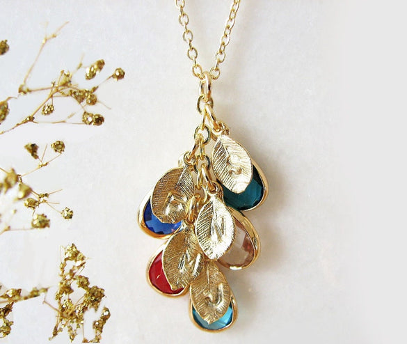 Birthstone Necklace, Leaf Necklace, Birthstone Jewelry, Family Necklace, Birthstone Necklace for Mom, Personalized Gifts