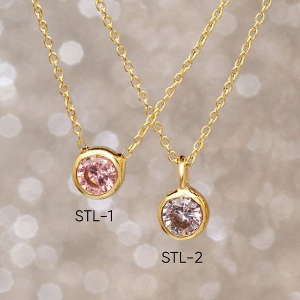 14k 18k Solid Gold Birthstone Bezel Necklace, Dainty Solitaire Birthstone Gold Necklace, Delicate CZ Birthstone Gold Necklace gift for Her.