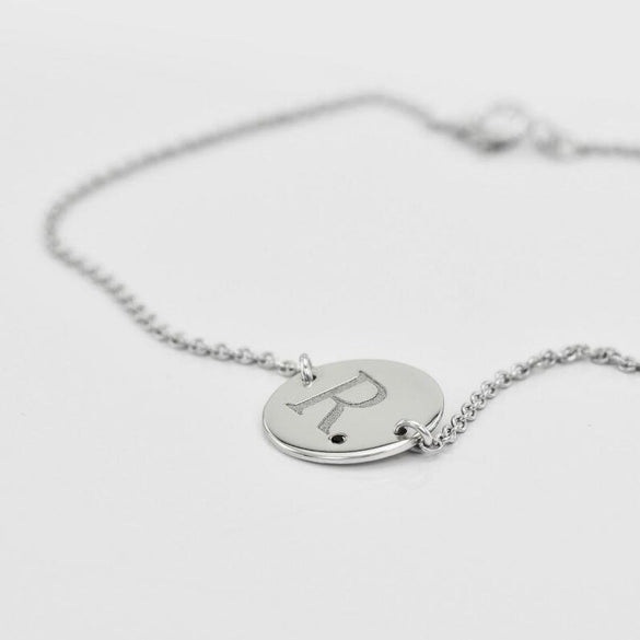 Black Diamond Personalized Gold Bracelet | Engraved Gold Bracelet with Black Diamond | Black Diamond Bracelet with Letter in 14k Gold