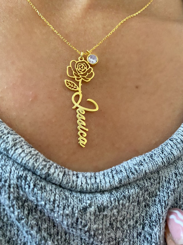Birth Flower Name Necklace • Silver Birthstone Name Necklace • Custom Name Necklace • Custom Flower Necklace • Personalized Flower Necklace