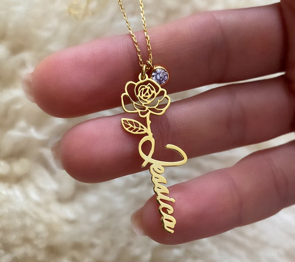 Birth Flower Name Necklace • Silver Birthstone Name Necklace • Custom Name Necklace • Custom Flower Necklace • Personalized Flower Necklace