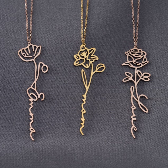 Name Necklace with Birth Flower, Floral Name Necklace, Custom Name Necklace for Bridesmaids, Christmas Gifts, Birthday gift, sterling silver