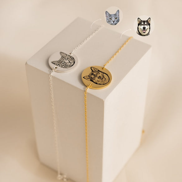 Custom Pet Portrait Charm Bracelet • Custom Engraved Bracelet • Cat Lover Gift, Dog Mom Gift, Pet Memorial Gift
