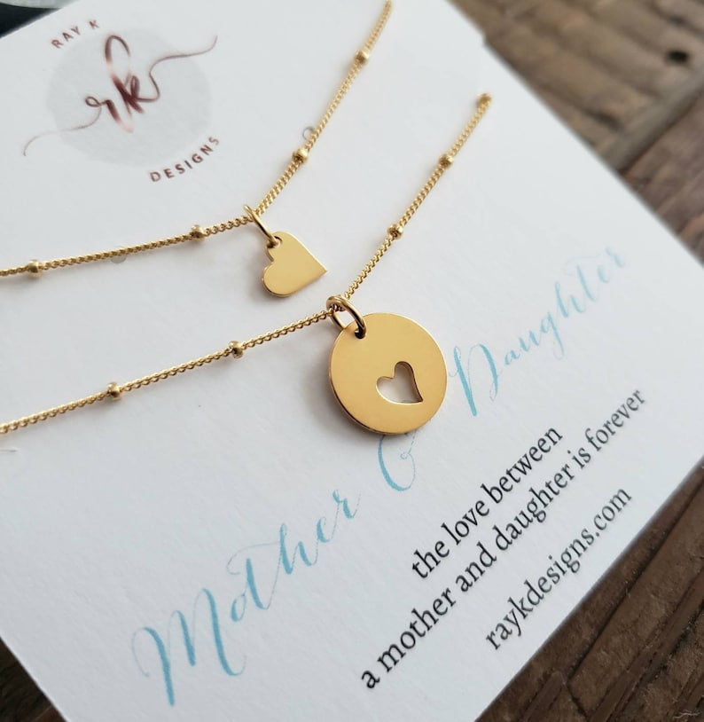 Best seller Mother gift, Mom daughter rose gold necklace wedding day shareable set heart cutout satellite chain, mother of the bride gift
