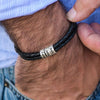 Personalized Family Names Men's Bracelet 925 Sterling Silver Beads Bracelet Father's Day Gifts Genuine Leather Bangle