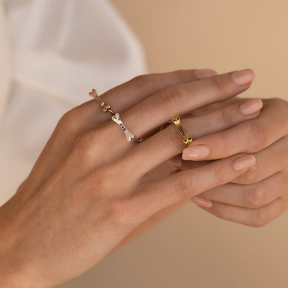 Custom Dog Bone Charm Ring by Caitlyn Minimalist • Engraved Pet Name Memorial Ring with Dainty Gemstone • Pet Lover Gift
