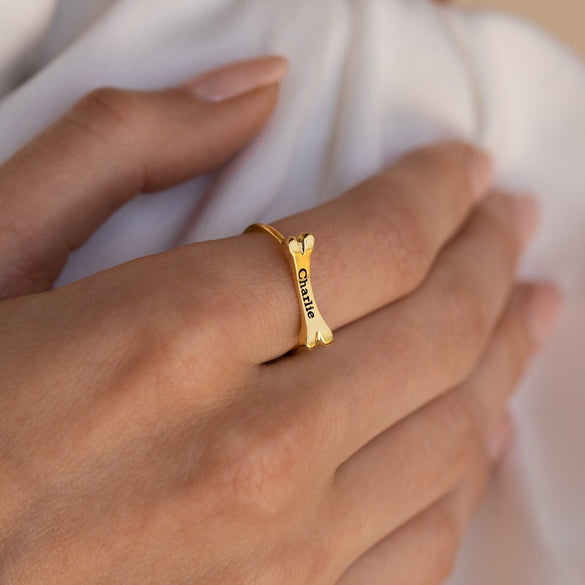 Custom Dog Bone Charm Ring by Caitlyn Minimalist • Engraved Pet Name Memorial Ring with Dainty Gemstone • Pet Lover Gift
