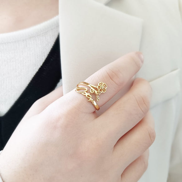 Custom Birth Flower Name Ring,Personalized Name Ring,Adjustable Ring,Birth Month Flower Ring,Custom Floral Ring, Birthday Gift,Gift for Her