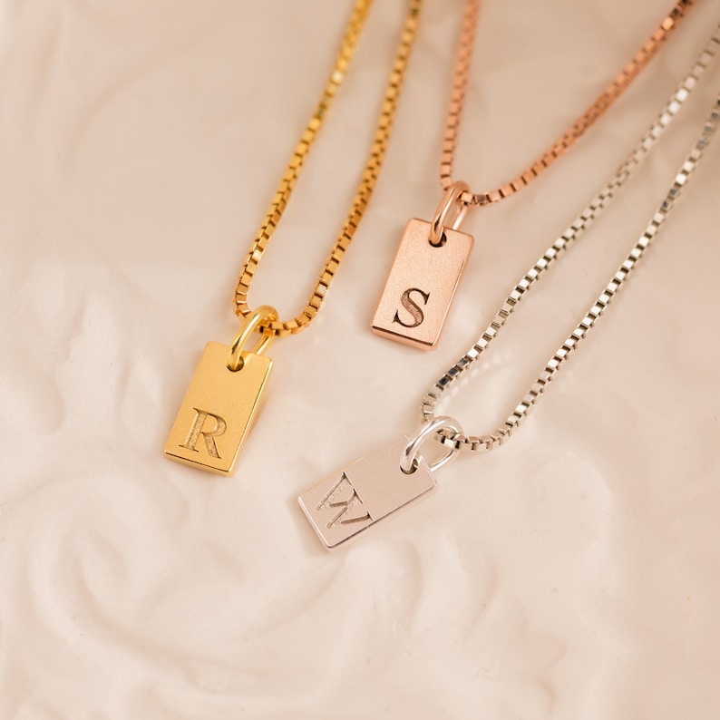 Dainty Initial Tag Necklace by Caitlyn Minimalist • Custom Engraved Letter Pendant Necklace in Box Chain • Bridesmaid Gifts • NM83bNIF33