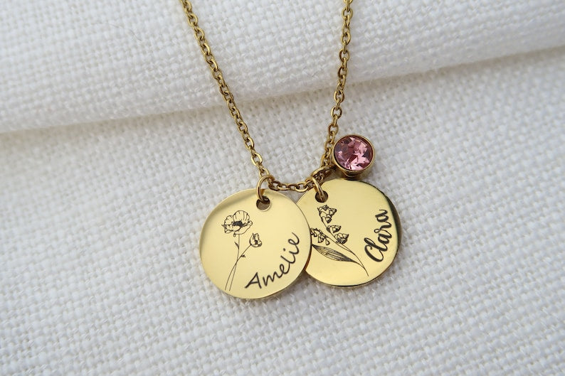 Birth flower necklace customizable with birthstone, necklace made of stainless steel in silver or 18K gold plated, Christmas gift
