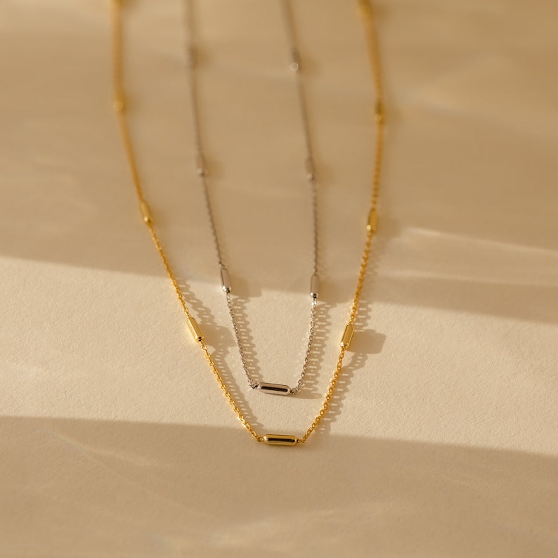 Dainty Bar Station Necklace by Caitlyn Minimalist • Delicate Layering Chain Necklace with Small Beaded Charms • Perfect Gift for Mom • NR126