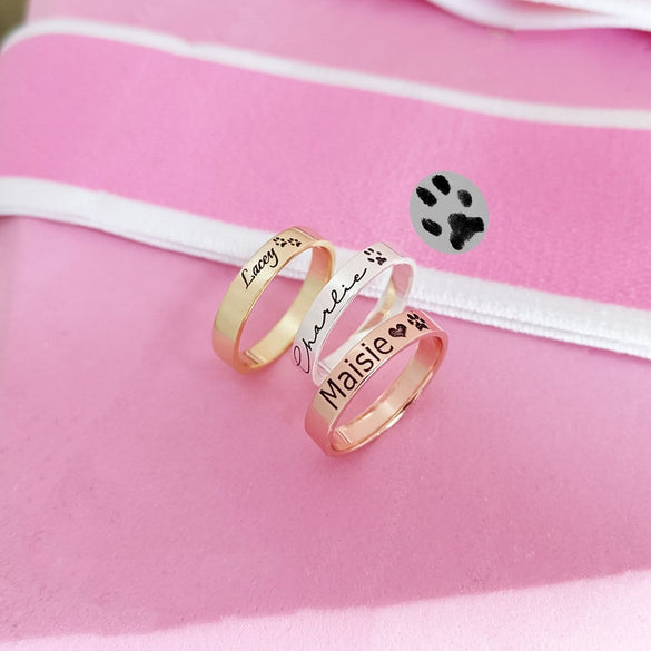Actual Pet Paw Print Ring,Custom Pet Ring,Pet Name Ring,Pet Memorial Gifts,Cat Paw Dog Paw Ring,Pet Jewelry,Gifts for Her