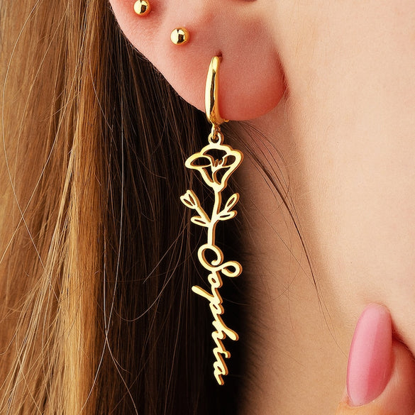 Name Earrings with Birth Flower, Personalized Name Earrings, Birth Flower Earrings, Custom Gold Name Jewelry, Birthday Gift, Christmas Gift