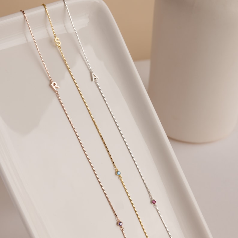 Initial Birthstone by Caitlyn Minimalist • Dainty Letter Necklace in Box Chain • Personalized Gift for Her • Mothers Gift • NM125F77