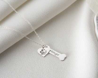 Dog Name Bone Necklace, Silver Dog Paw Necklace, Dog Name Necklace, Custom Dog Necklace, Pet Memorial Gift, Mothers Day Gift