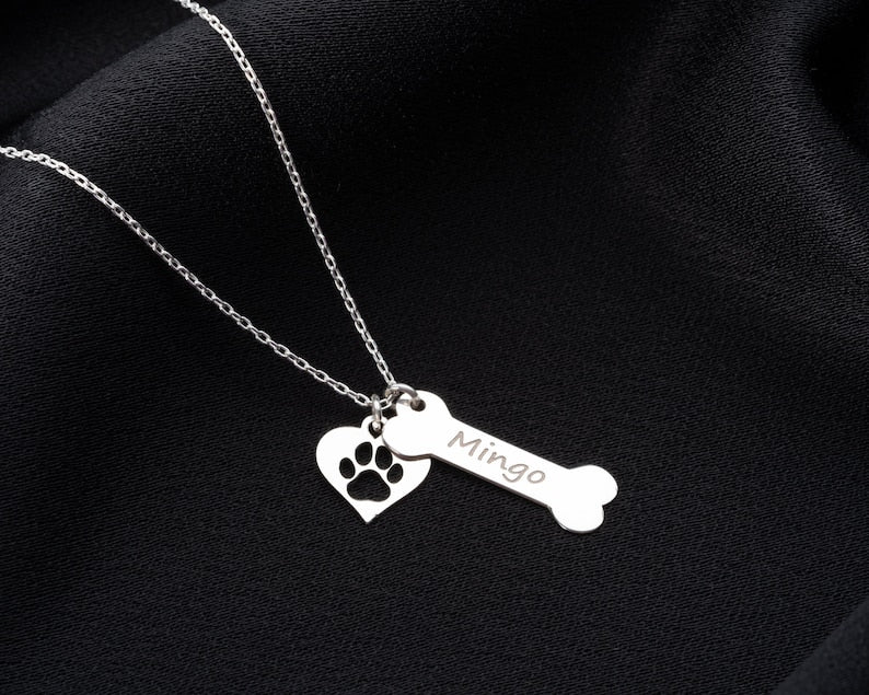 Dog Name Bone Necklace, Silver Dog Paw Necklace, Dog Name Necklace, Custom Dog Necklace, Pet Memorial Gift, Mothers Day Gift